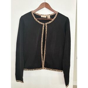 Vintage Y2K Apostrophe Black Cardigan Leopard Trim Cotton Womens Medium